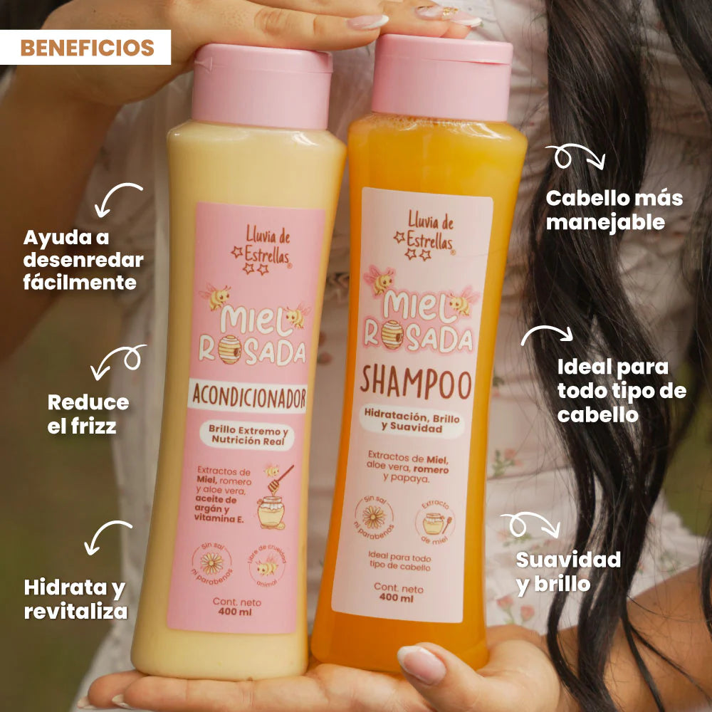 Shampoo + acondicionador miel rosada Lluvia de estrellas
